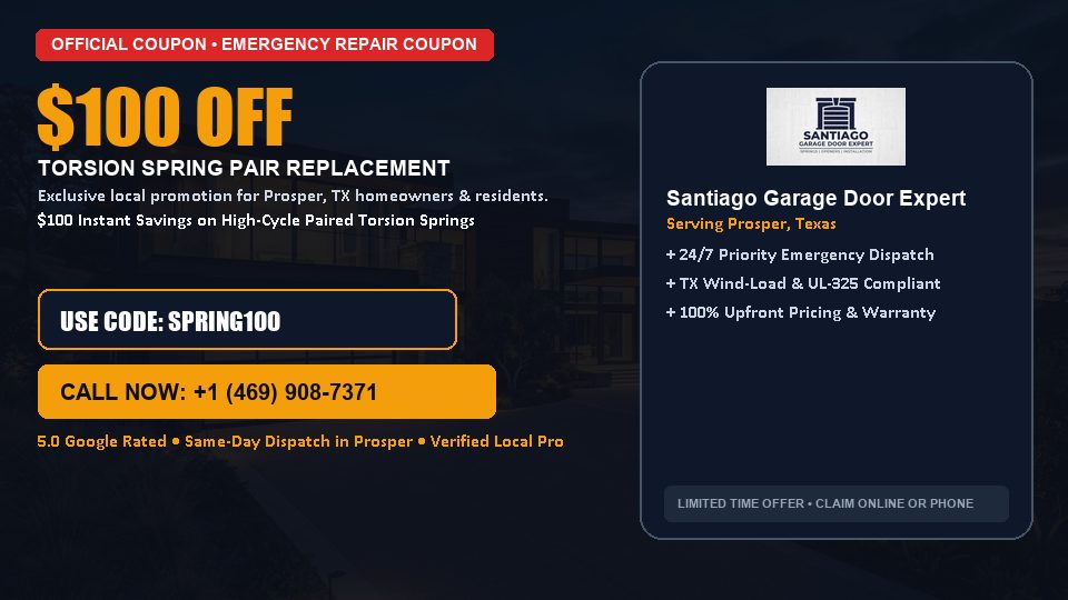 $100 OFF Dual High-Cycle Torsion Spring Replacement in Prosper, TX - Santiago Garage Door Expert