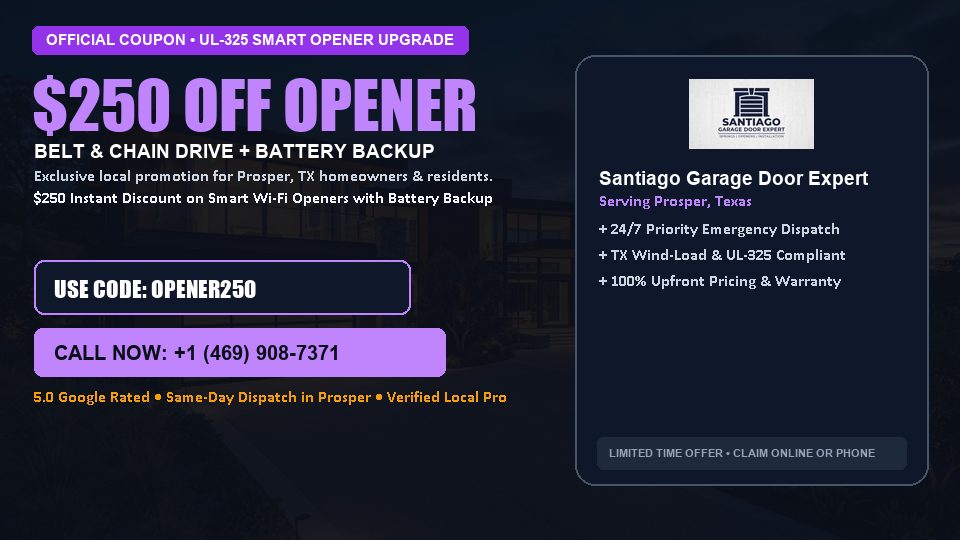 $250 OFF Smart Wi-Fi Garage Door Opener Installation in Prosper, TX - Santiago Garage Door Expert