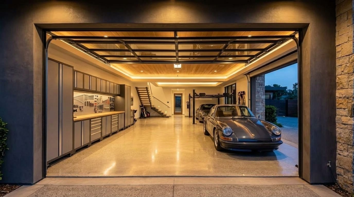 Santiago Garage Door Expert Interior View of Custom Garage Door Overhead and Workshop
